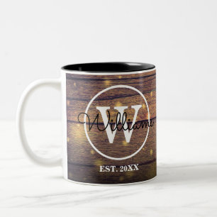 Taza Bicolor Monomograma Rústico Madera Elegante Letra Personal
