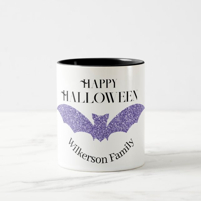 Taza Bicolor Morado Purpurina Bat Happy Halloween (Centro)