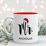 Taza Bicolor Mr Red Santa Hat Custom Holiday Monogram<br><div class="desc">Christmas holiday mug features Mr. in modern black script with your custom last name. A festive red Santa hat accents the design. Perfect gift for a newly wed couple celebrating their first married Christmas! Visit our store for the matching Mrs. Holiday Mug.</div>