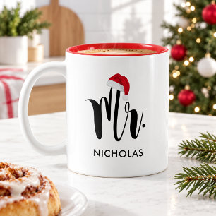Taza Bicolor Mr Red Santa Hat Custom Holiday Monogram