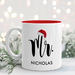 Taza Bicolor Mr Red Santa Hat Custom Holiday Monogram