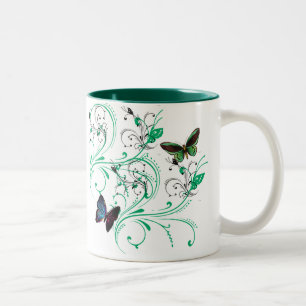 Taza Bicolor Mug con vino y hermosas mariposas verde