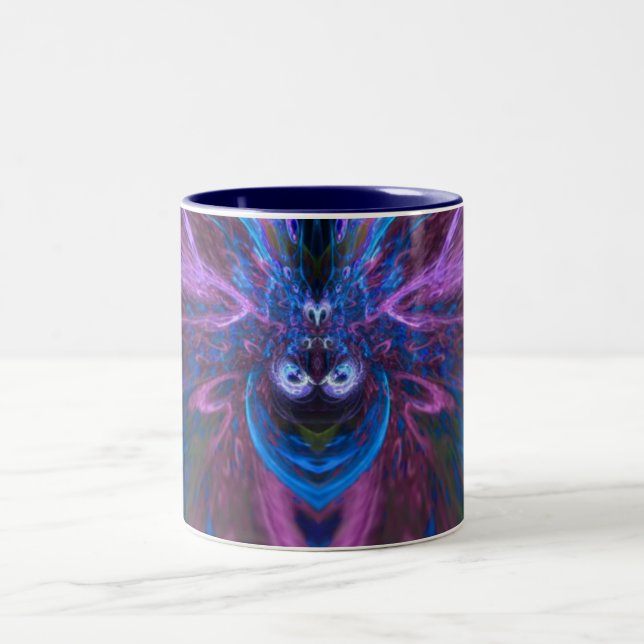 Taza Bicolor Mug. de arte de fractal azul (Centro)