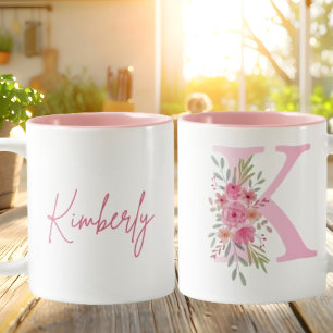 Taza Bicolor Mug De Nombre Floral Ilustrado Rosa