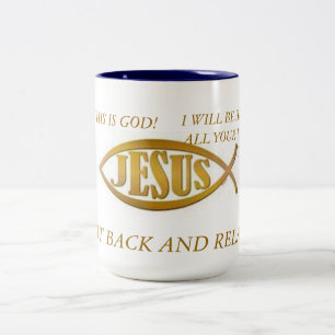 TAZA BICOLOR MUG JESUS FISH BLAC INTERIOR GOLPE DE ORO EN WHI