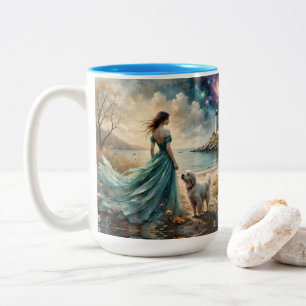 Taza Bicolor Mujer con vestido azul en la playa con perro, faro