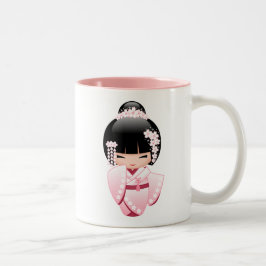 Taza Bicolor Muñeca Kokeshi Kimono Rosa Kawaii