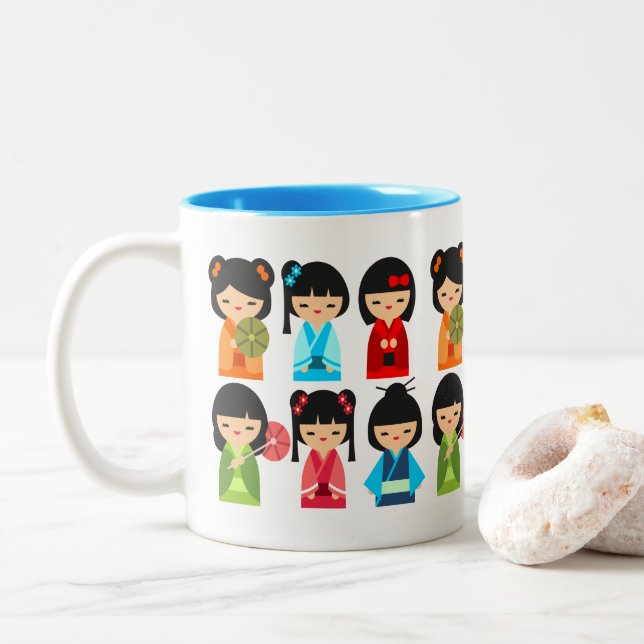 Taza Bicolor Muñecas japonesas cute kokeshi (Con donut)