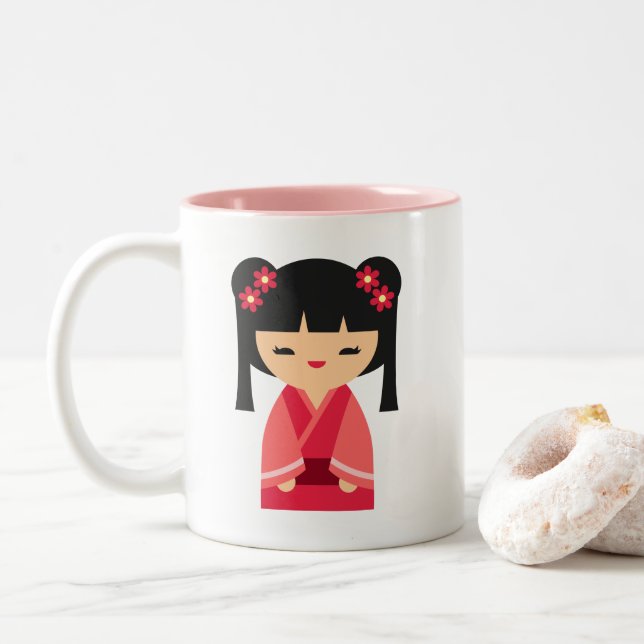 Taza Bicolor Muñecas japonesas Kokeshi rosadas (Con donut)