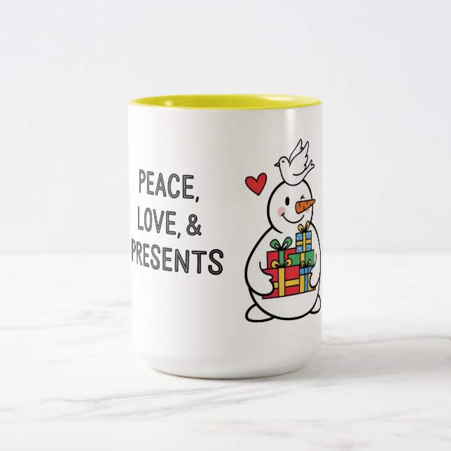 Taza Bicolor Muñeco de nieve alegre con regalos (Centro)