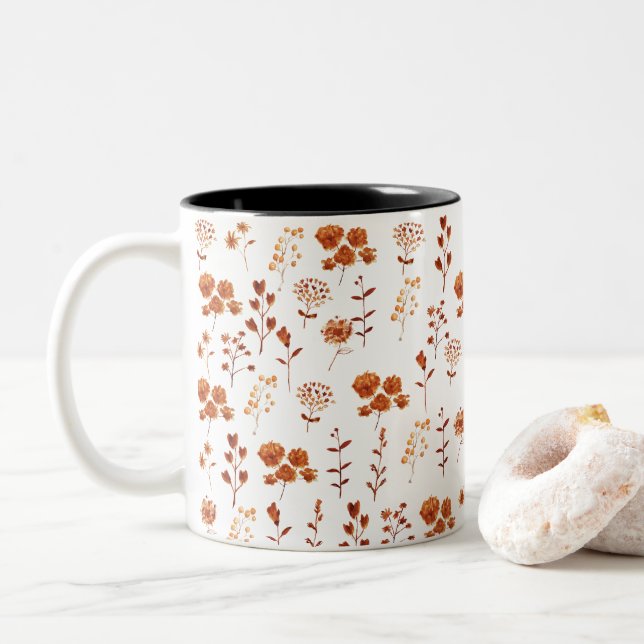 Taza Bicolor Naranja acuarela Flor Floral Boho (Con donut)