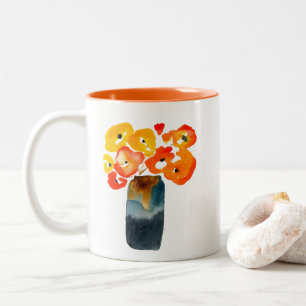 Taza Bicolor Naranja acuarela y adornos rojos
