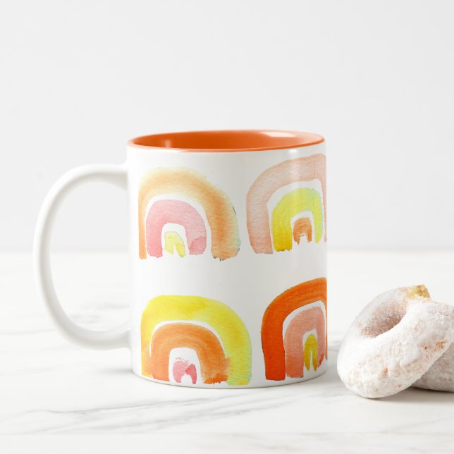 Taza Bicolor Naranja arco iris lindo arte retro (Con donut)