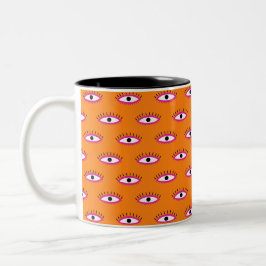 Taza Bicolor Naranja Bohemian Funky con patrón ocular retro mal