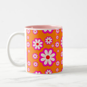 Taza Bicolor Naranja de patrón de margarita retro y floral de M