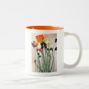 Taza Bicolor Naranja Flores de amapola acuarela arte