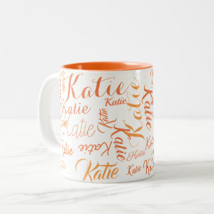 Taza Bicolor naranja moderno con nombres manuscritos blancos