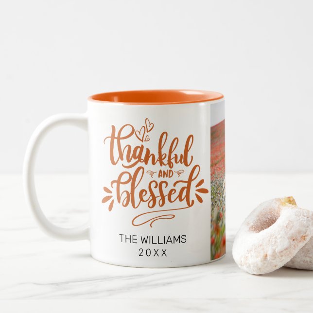 Taza Bicolor Naranja personalizado, foto bendecida y agradecida (Con donut)