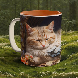Taza Bicolor Naranja Tabby Kitten en cama de plumas azules