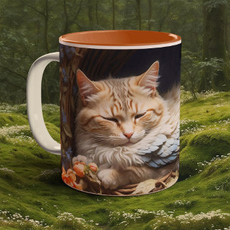 Taza Bicolor Naranja Tabby Kitten en cama de plumas azules