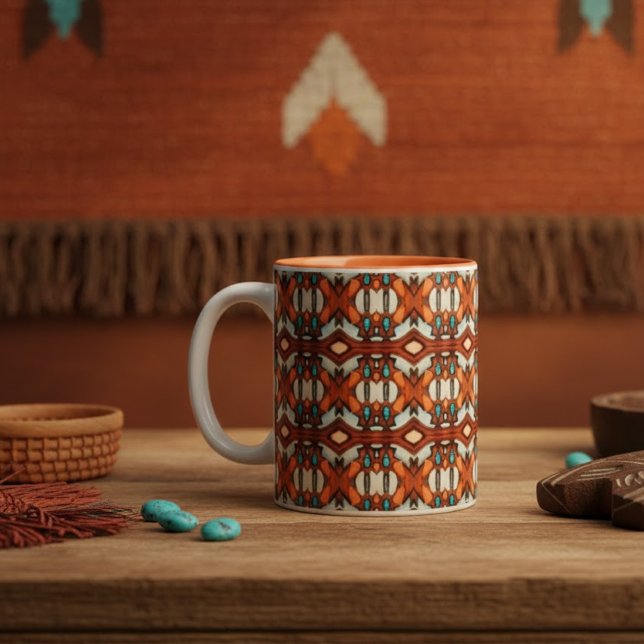 Taza Bicolor Naranja, Turquesa, de inspiración tribal marrón (Subido por el creador)