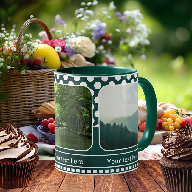 Taza Bicolor Naturaleza moderna Puntos de Polka Verde Fotografí (Photo mug featuring your own favorite photos framed by a retro teal green and white polka dot design)