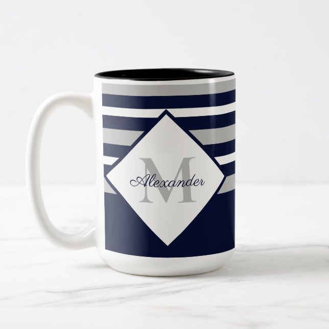 Taza Bicolor Náutica moderna Navy franjas grises azules Monogra (Izquierda)