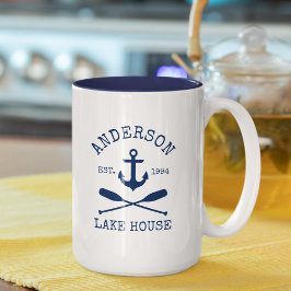 Taza Bicolor Náutico Azul Ancla Oars Nombre Casa Lago Grande