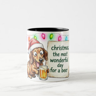 Taza Bicolor Navidad del perro salchicha borracho