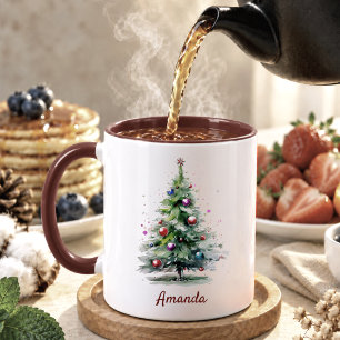 Taza Bicolor Navidad elegante pino acuarela verde