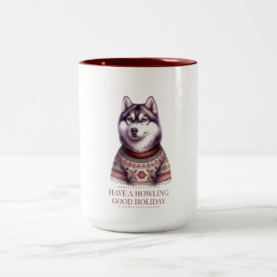 Taza Bicolor Navidad Husky Aullando Buen Día Festivo Personaliz