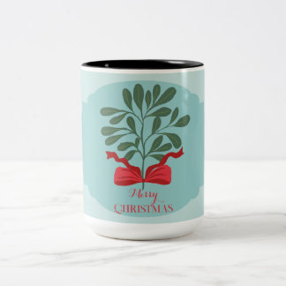 Taza Bicolor Navidad lazo rojo hojas dibujadas a mano minimalis