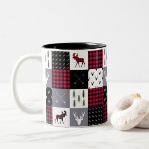 Taza Bicolor Navidad Plaid Búfalo Rústico Parche Rojo Blanco