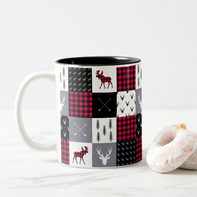 Taza Bicolor Navidad Plaid Búfalo Rústico Parche Rojo Blanco (Con donut)