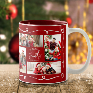 Taza Bicolor Navidad Roja 4 Fotos Familia Garabatos Dibujados a