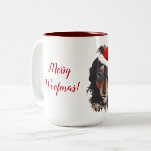 Taza Bicolor Navidades Black Tan Long Haired Doxie Santa Hat