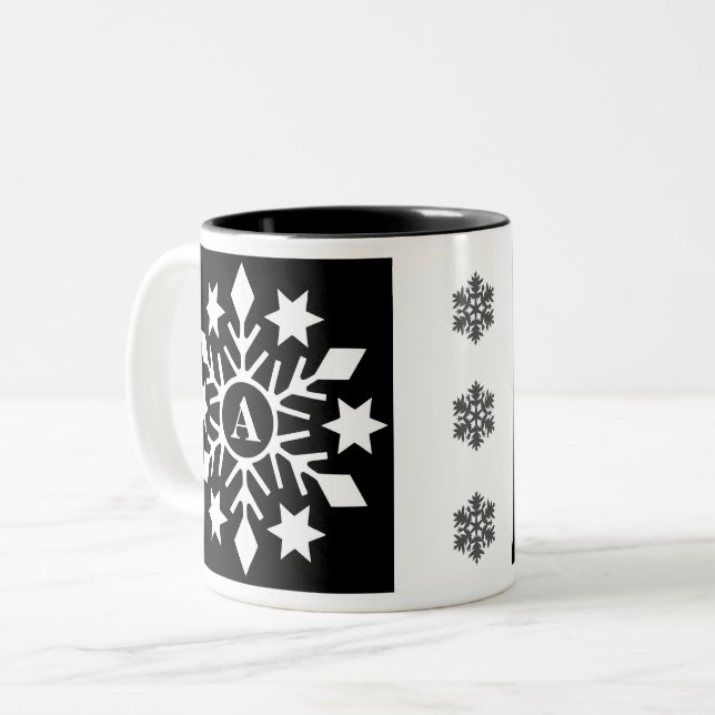 Taza Bicolor Navidades blancos negros modernos iniciales copos  (Anverso izquierdo)