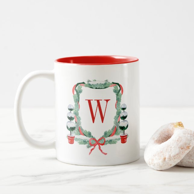 Taza Bicolor Navidades de acuarela Escudo de monograma topiario (Con donut)