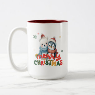 Taza Bicolor Navidades de amigos de oso polar y pingüino