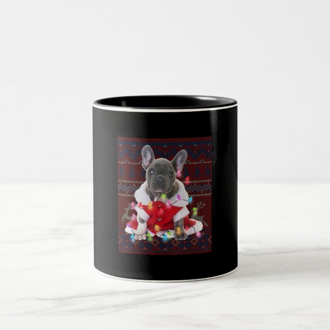 Taza Bicolor Navidades de Bulldog franceses iluminan perro suét (Centro)