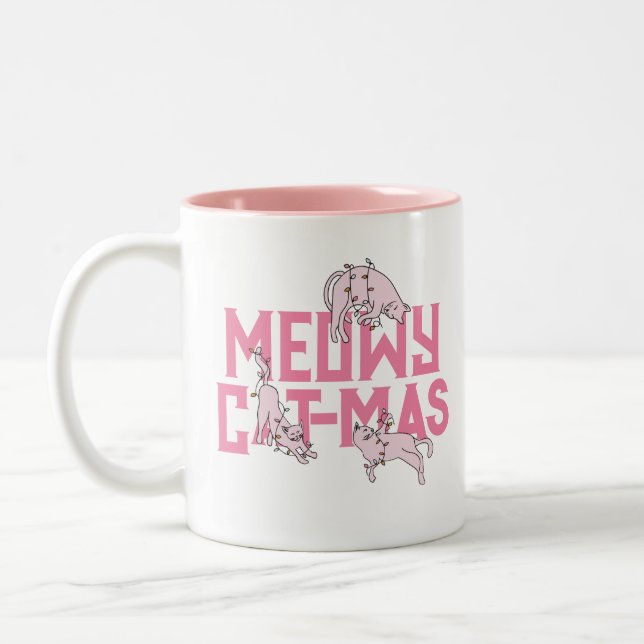 Taza Bicolor Navidades de gato curado festividad rosa ligera (Izquierda)