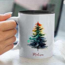 Taza Bicolor Navidades de pinos verdes festivos de color agua d