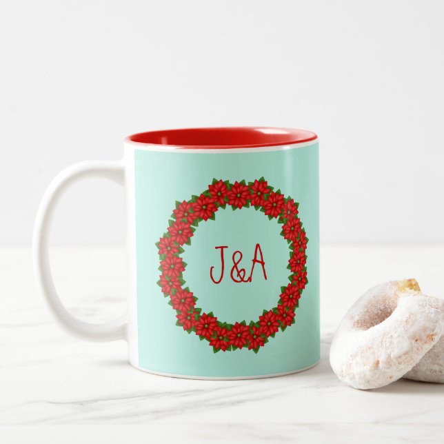 Taza Bicolor Navidades de puninsettia roja garland añada nombre (Con donut)