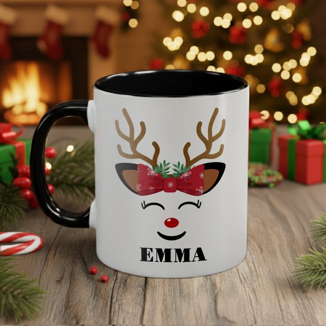 Taza Bicolor Navidades de renos sonrientes y agudos (cute reindeer face holiday merry Christmas coffee mug)