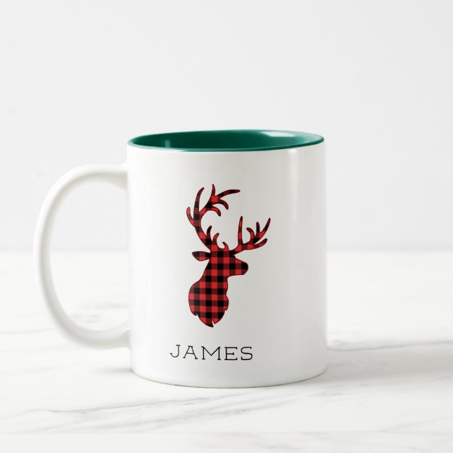 Taza Bicolor Navidades personalizados de búfalo rojo de reno (Izquierda)