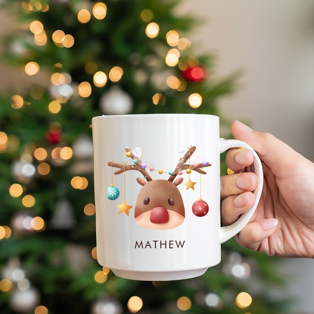 Taza Bicolor Navidades personalizados de reno (Cute Reindeer Personalized Christmas Mug)