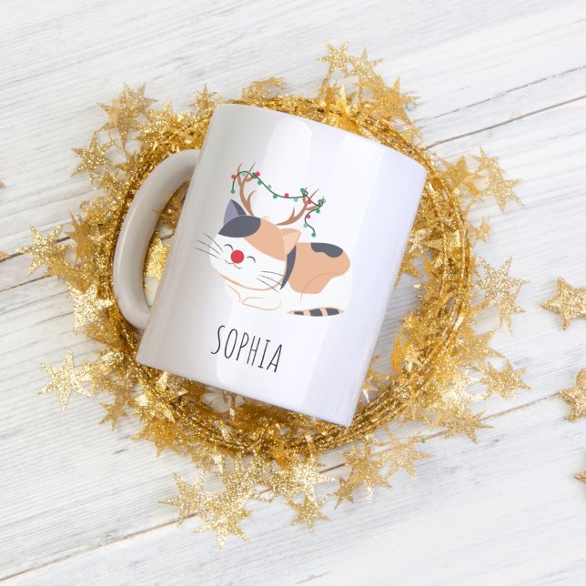 Taza Bicolor Navidades personalizados Mug, reno de felino (Subido por el creador)