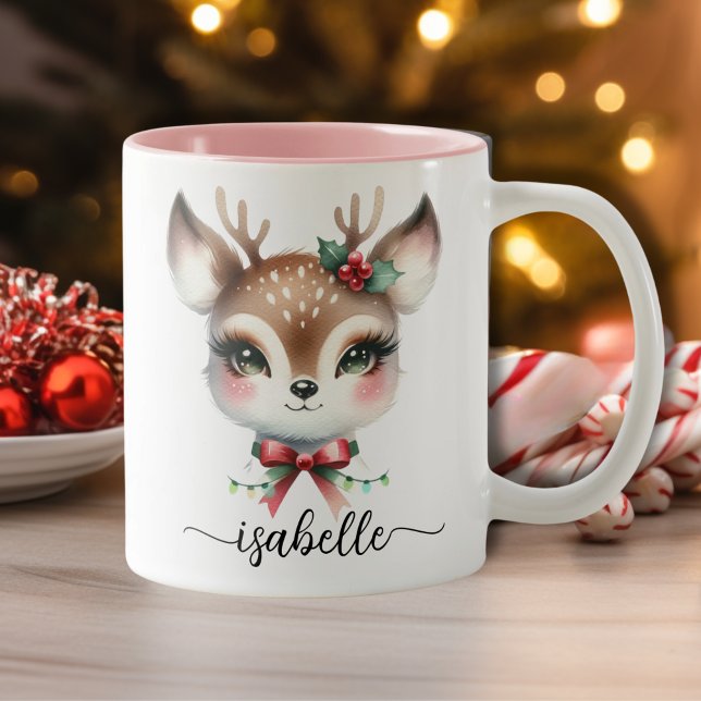 Taza Bicolor Navidades personalizados ratos renos (Cute Personalized Christmas Reindeer Two-Tone Coffee Mug)