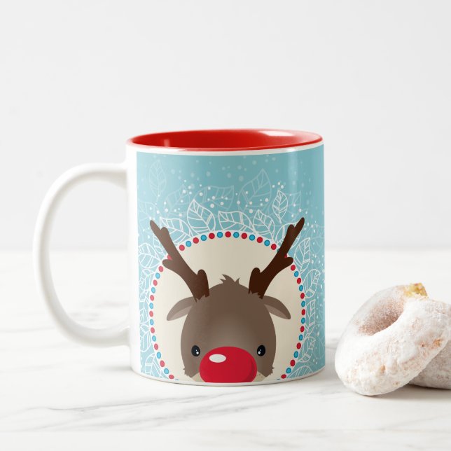 Taza Bicolor NAVIDADES REINDEER PEEKING nariz roja rudolfo azul (Con donut)