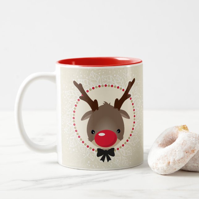 Taza Bicolor NAVIDADES REINDER lindos nariz roja rudolfo marfil (Con donut)